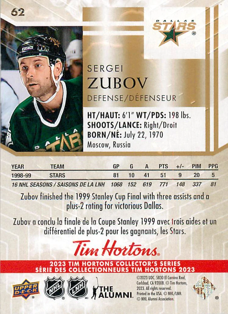 2022-23 UD Tim Hortons Legends - Sergei Zubov #62