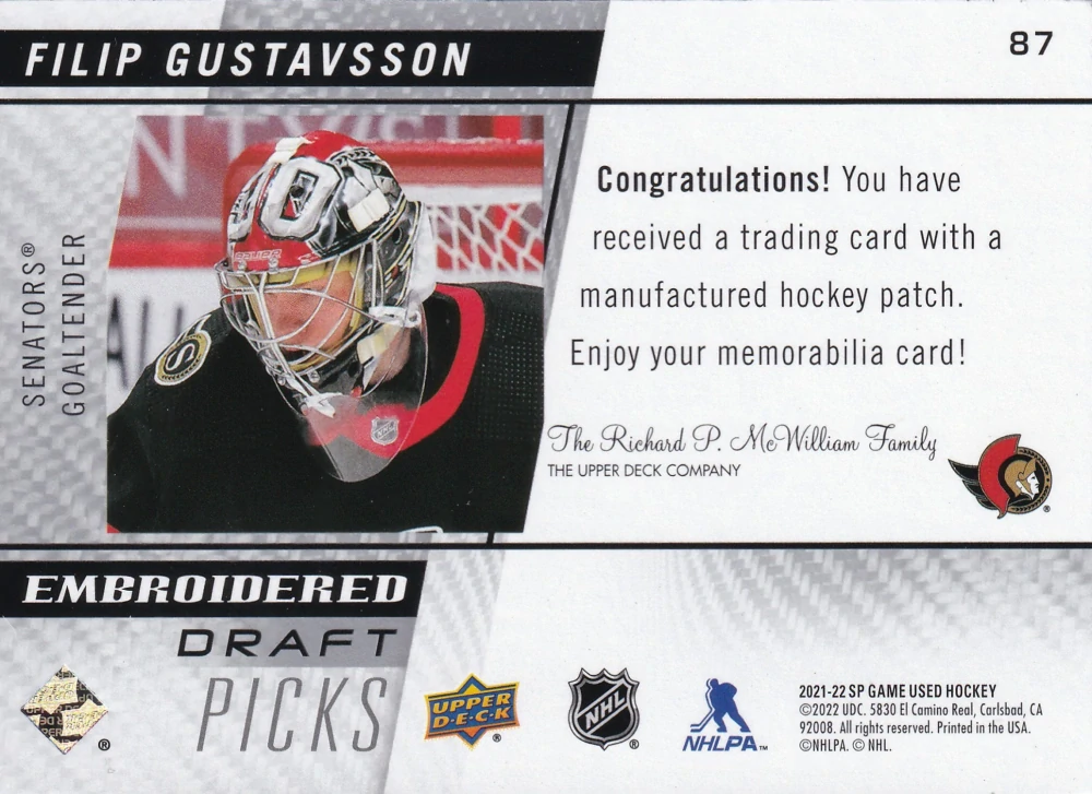 2021-22 UD SP Game Used - Filip Gustavsson - Embroidered Draft Picks #87