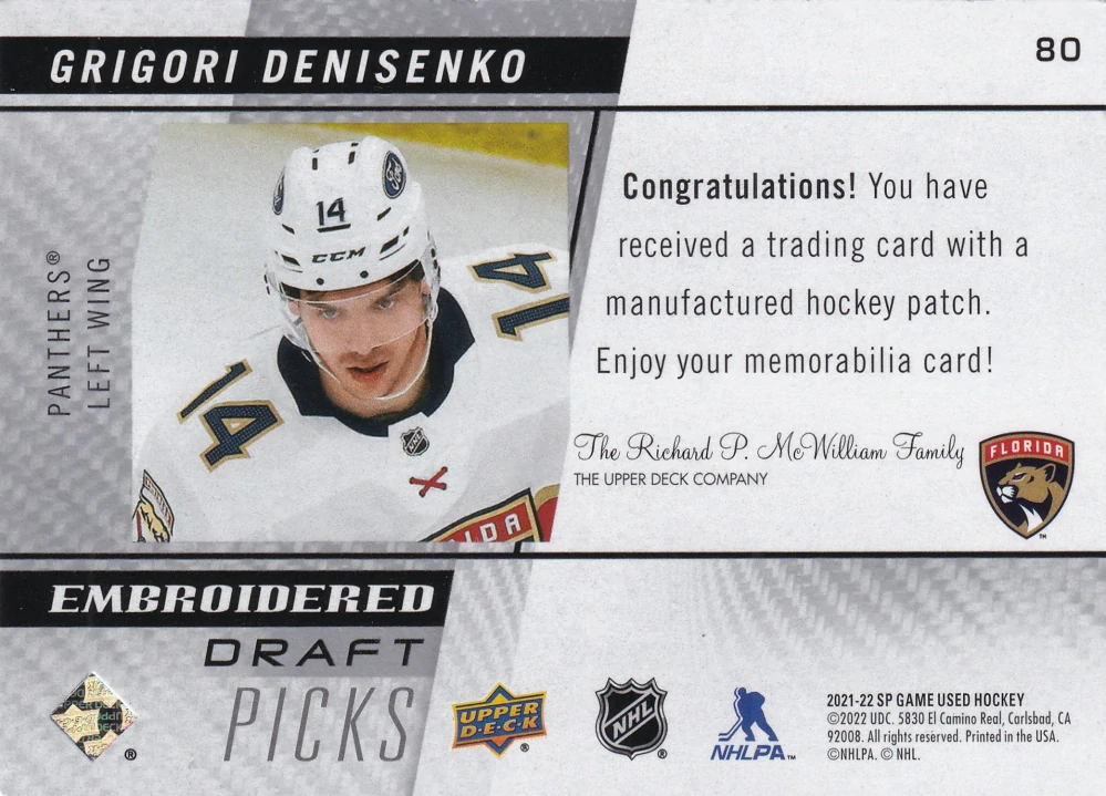 2021-22 UD SP Game Used - Grigori Denisenko - Embroidered Draft Picks #80