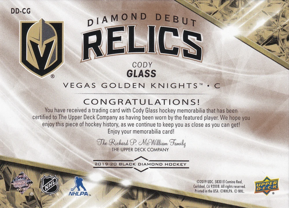 2019-20 UD Black Diamond - Cody Glass - Diamond Debut Relics Premium /49 #DD-CG