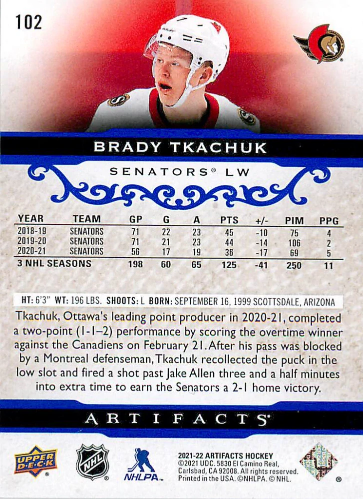 2021-22 UD Artifacts - Brady Tkachuk - Royal Blue /199 #102