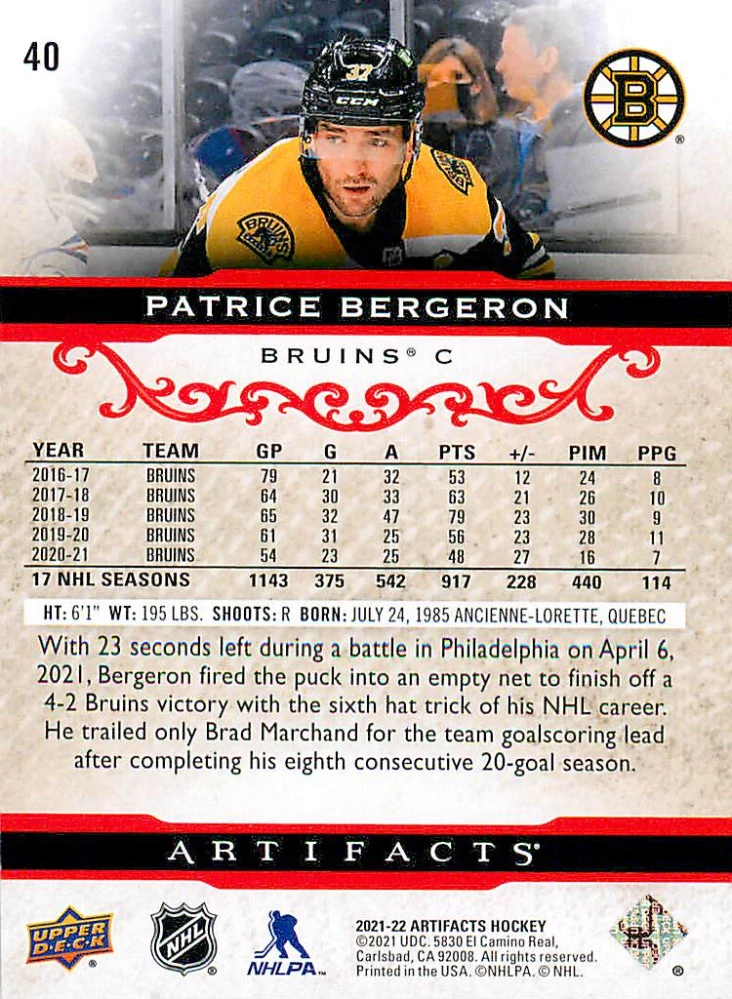 2021-22 UD Artifacts - Patrice Bergeron - Ruby /499 #40