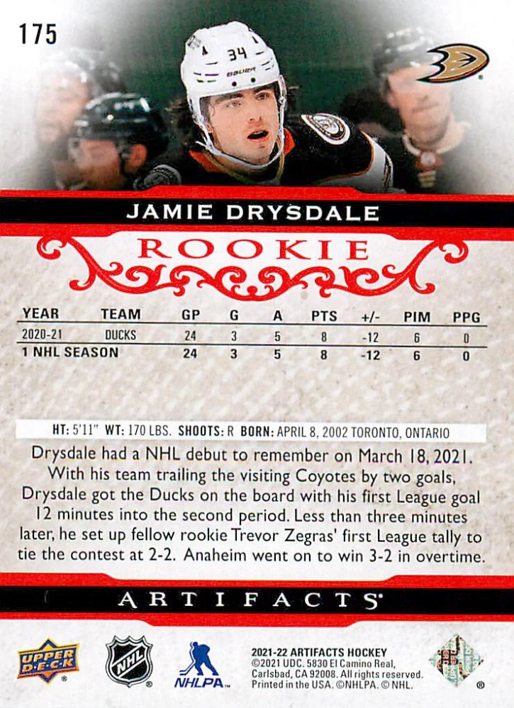 2021-22 UD Artifacts - Jamie Drysdale - Rookie Ruby /499 #175