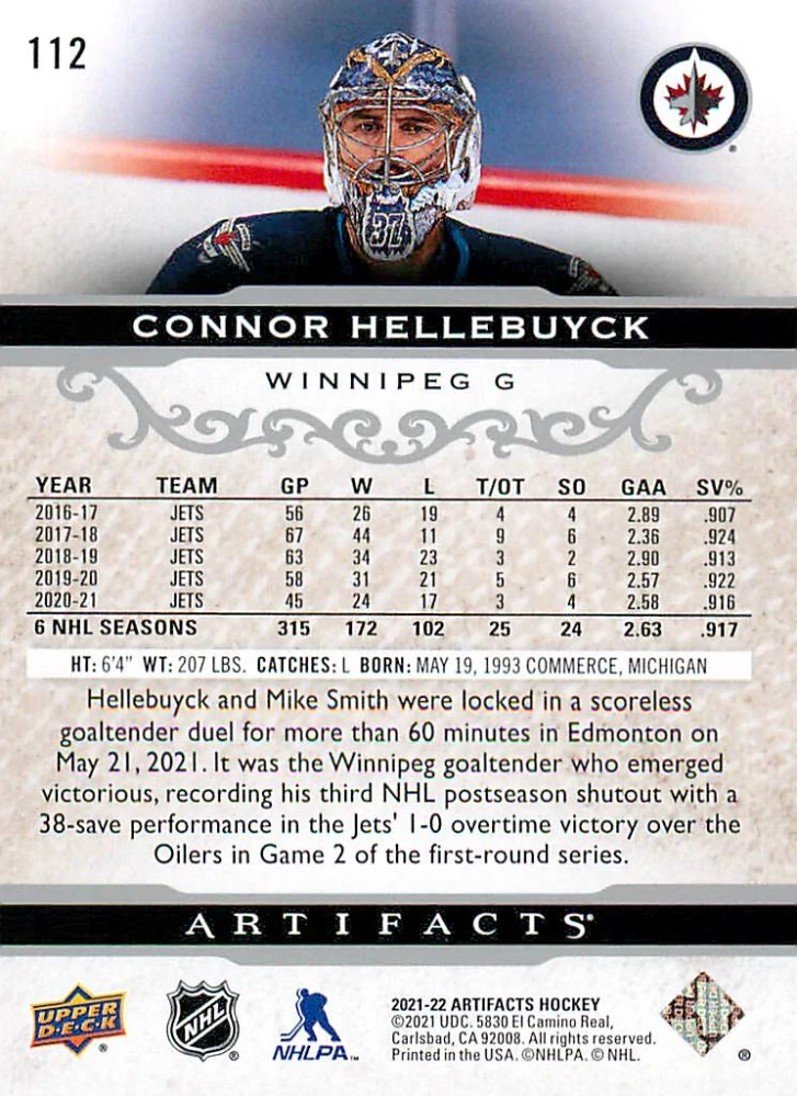 2021-22 UD Artifacts - Connor Hellebuyck /599 #112