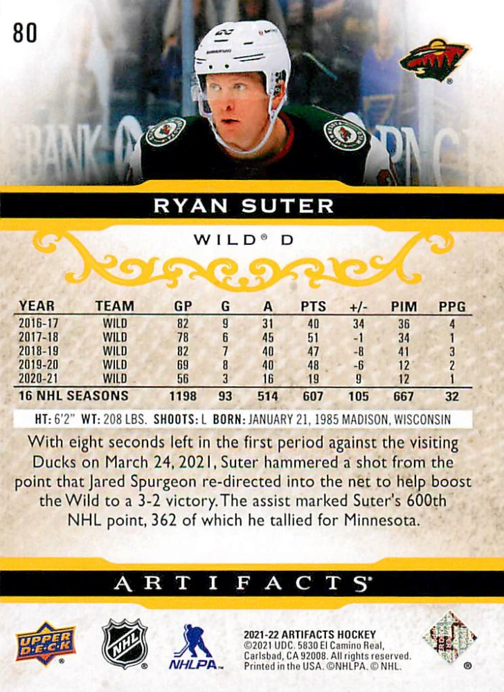 2021-22 UD Artifacts - Ryan Suter - Yellow /50 #80