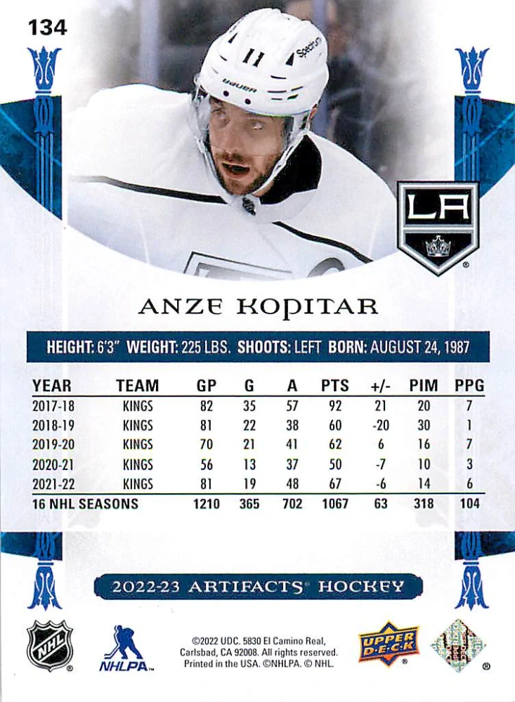 2022-23 UD Artifacts - Anze Kopitar /599 #134