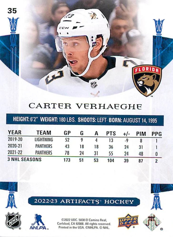 2022-23 UD Artifacts - Carter Verhaeghe - Emerald /99 #35