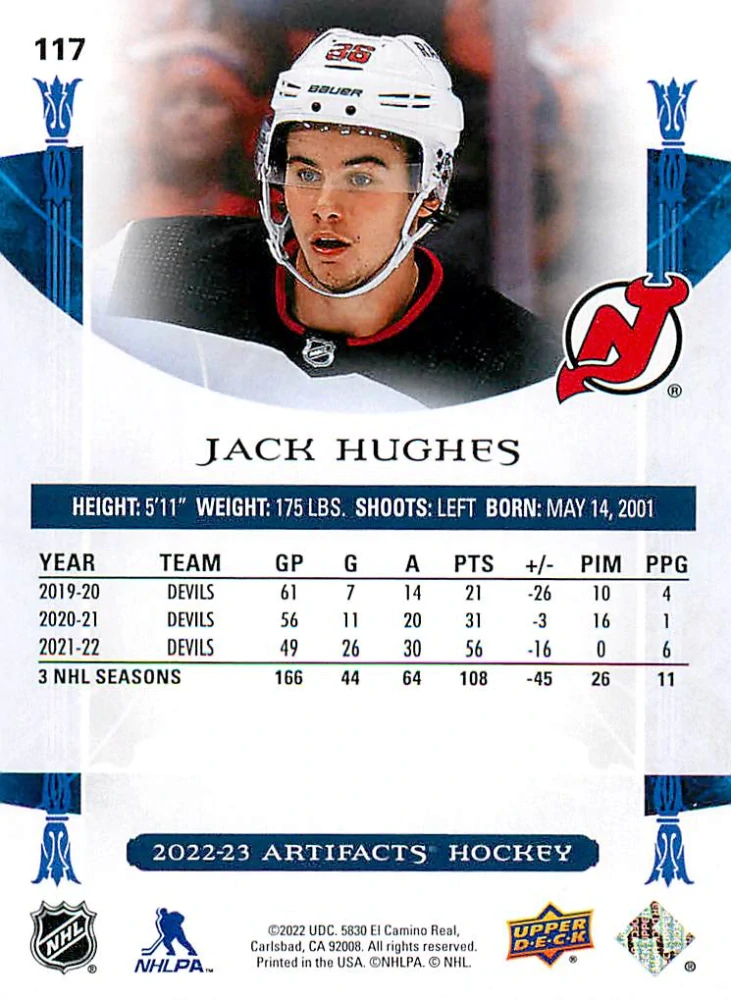 2022-23 UD Artifacts - Jack Hughes -  Emerald /99 #117