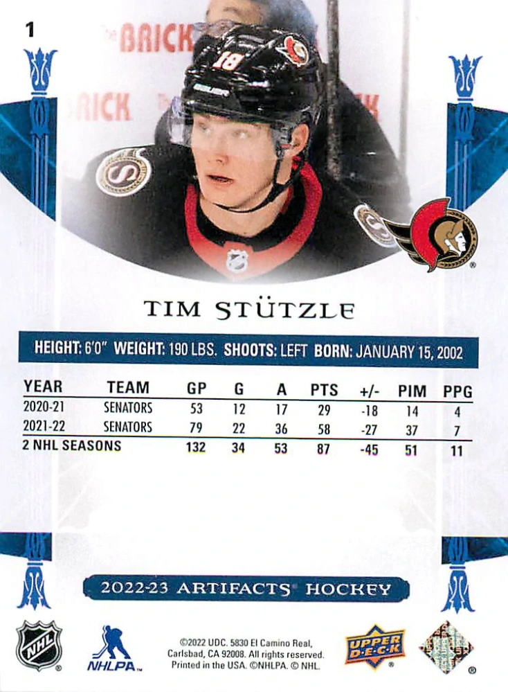 2022-23 UD Artifacts - Tim Stutzle - Copper /299 #1
