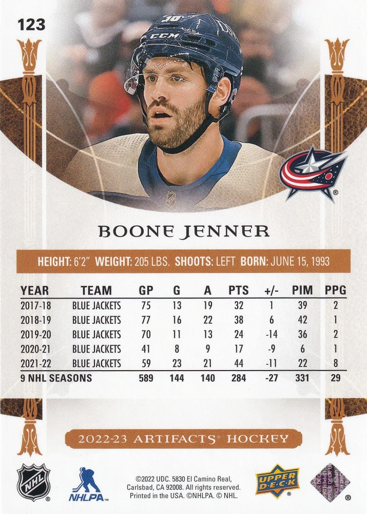 2022-23 UD Artifacts - Boone Jenner - Leather #123