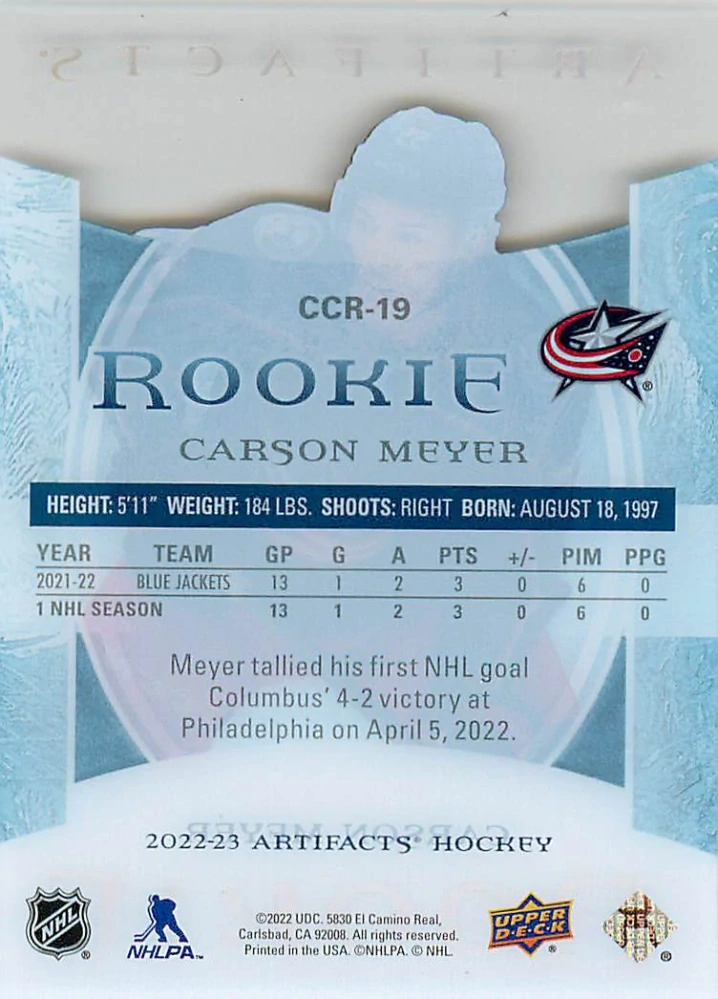 2022-23 UD Artifacts - Carson Meyer - Rookie Clear Cut #CCR-19
