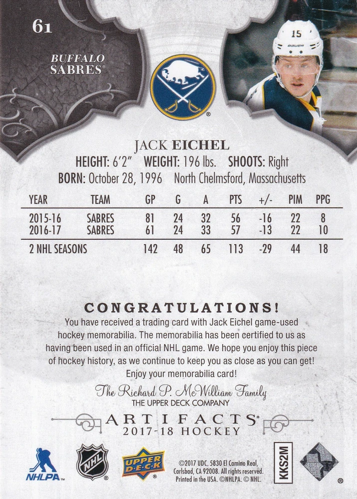 2017-18 UD Artifacts - Jack Eichel - Silver Materials /165 #61