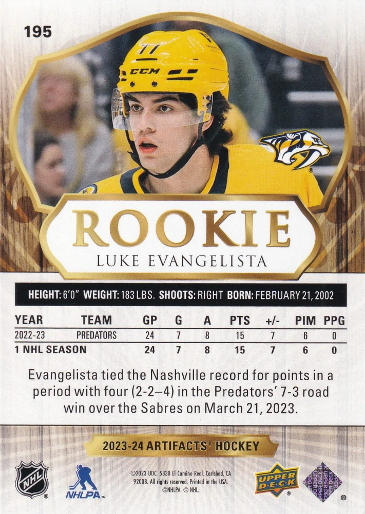 2023-24 UD Artifacts - Luke Evangelista - Rookie Wood #195
