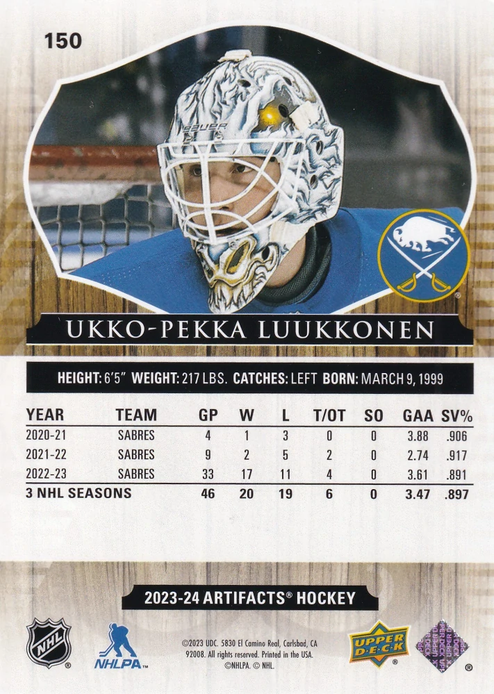 2023-24 UD Artifacts - Ukko-Pekka Luukkonen - Wood #150