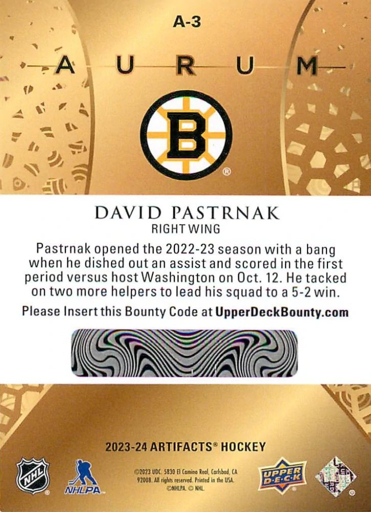2023-24 UD Artifacts - David Pastrňák - Aurum #A-3