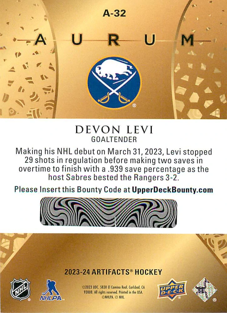 2023-24 UD Artifacts - Devon Levi - Rookie Aurum #A-32