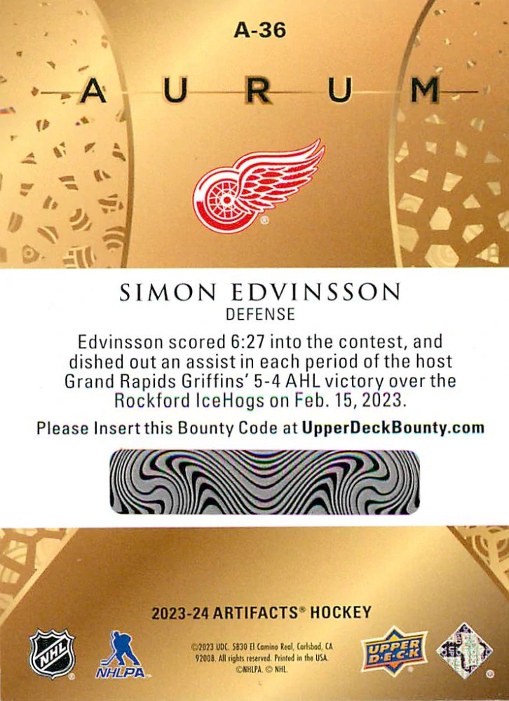 2023-24 UD Artifacts - Simon Edvinsson - Rookie Aurum #A-36