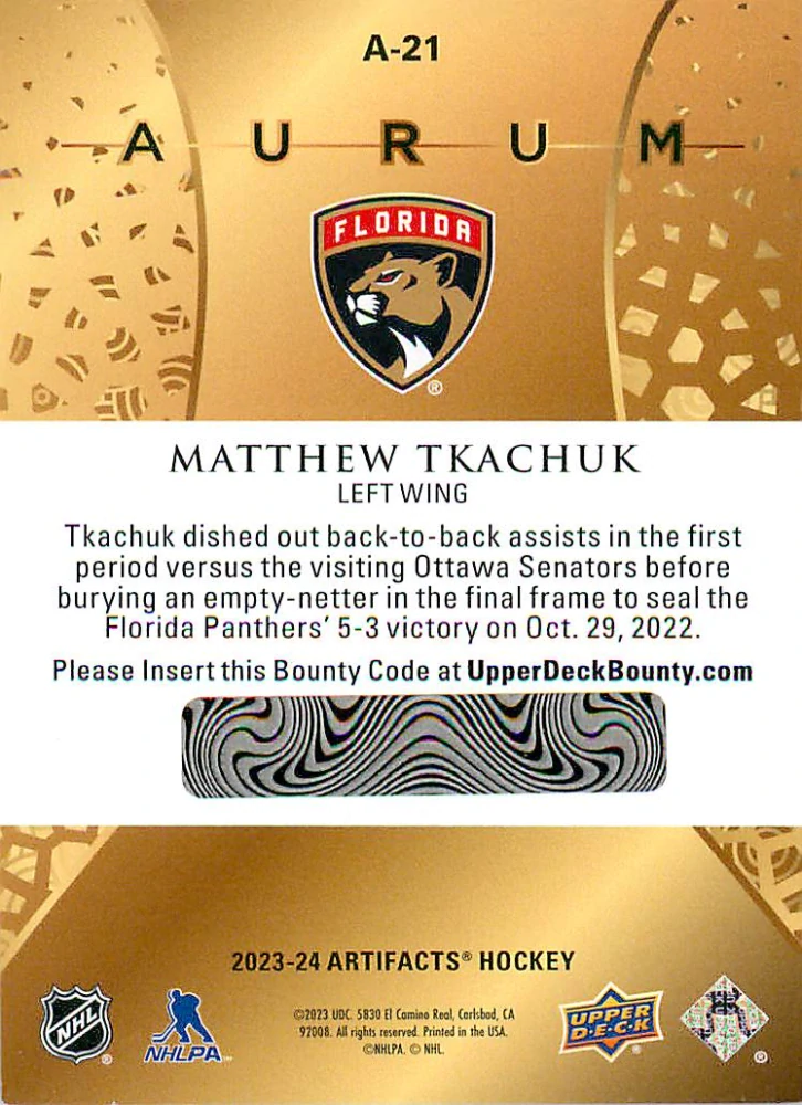 2023-24 UD Artifacts - Matthew Tkachuk - Aurum #A-21