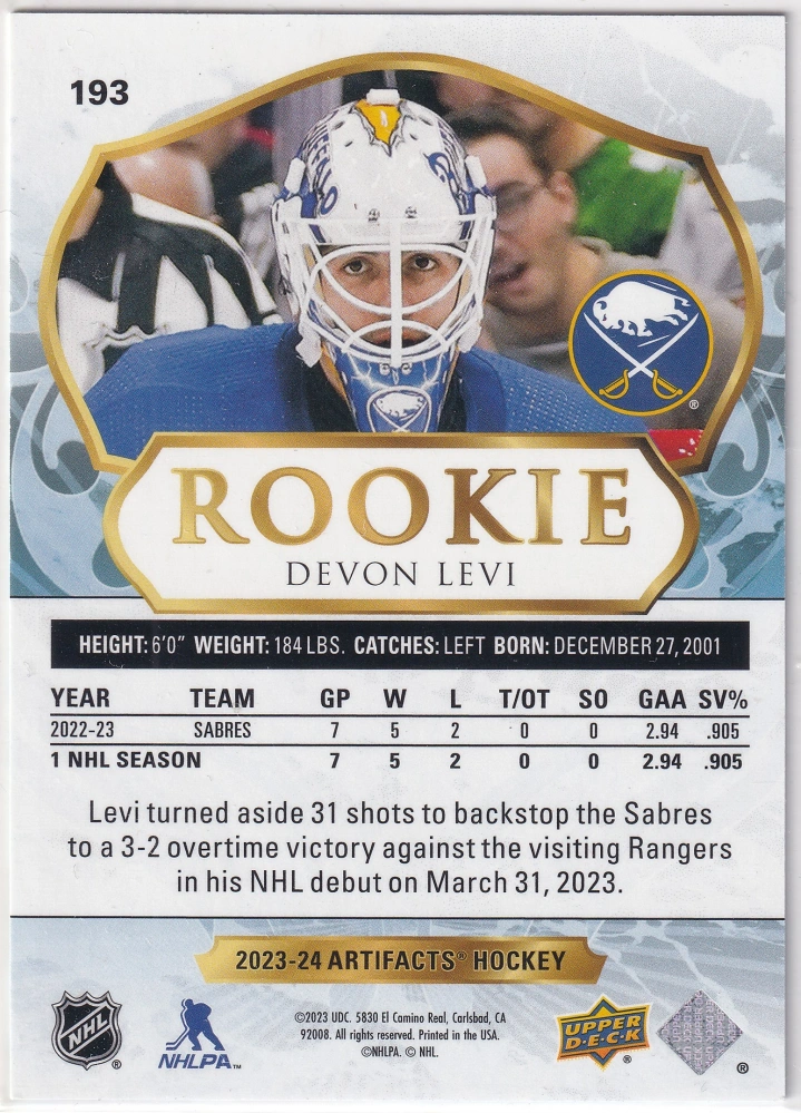 2023-24 UD Artifacts - Devon Levi - Rookie /999 #193