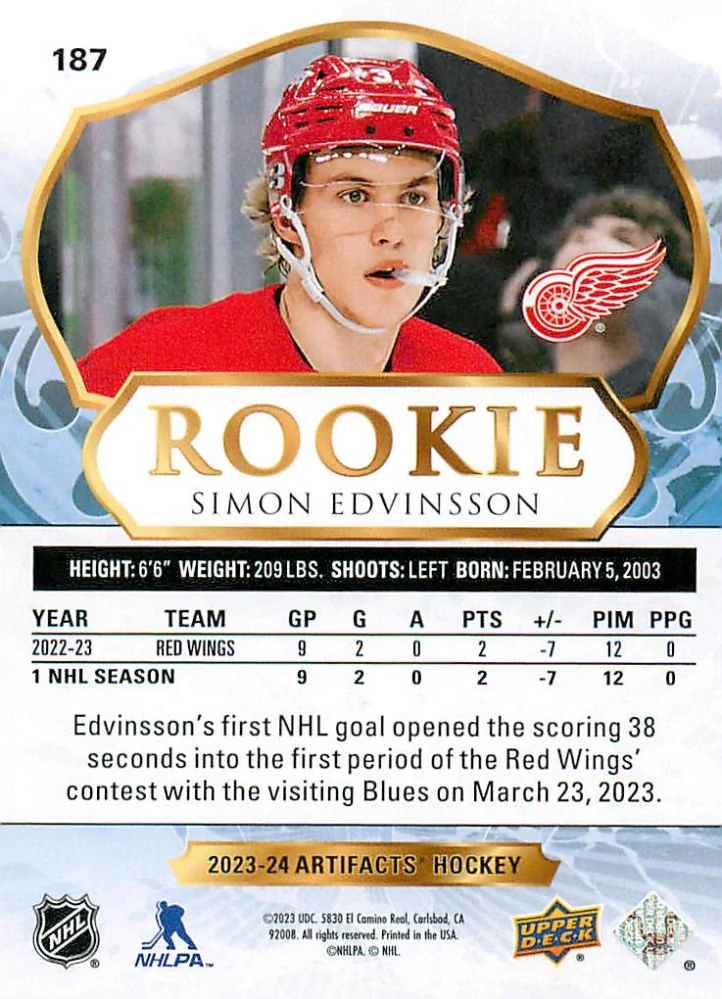 2023-24 UD Artifacts - Simon Edvinsson - Rookie /999 #187