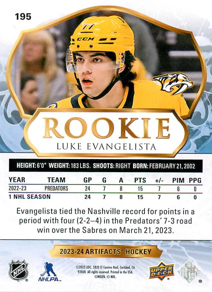 2023-24 UD Artifacts - Luke Evangelista - Rookie /999 #195