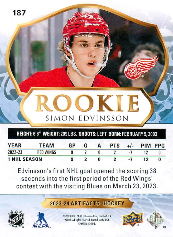2023-24 UD Artifacts - Simon Edvinsson - Rookie Ruby /499 #187