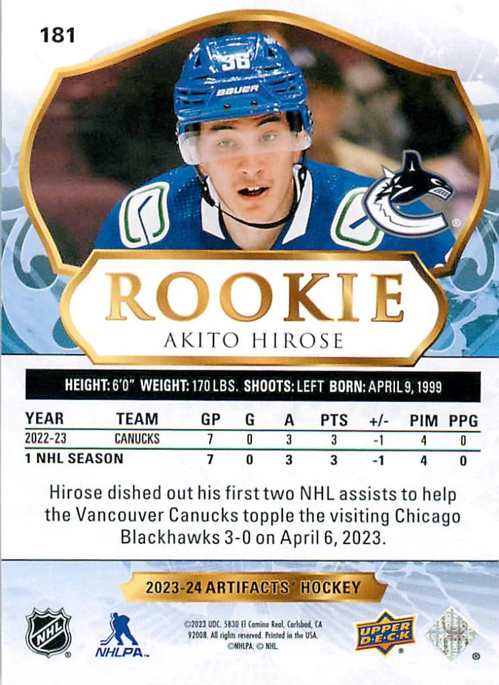 2023-24 UD Artifacts - Akito Hirose - Rookie Royal Blue /199 #181
