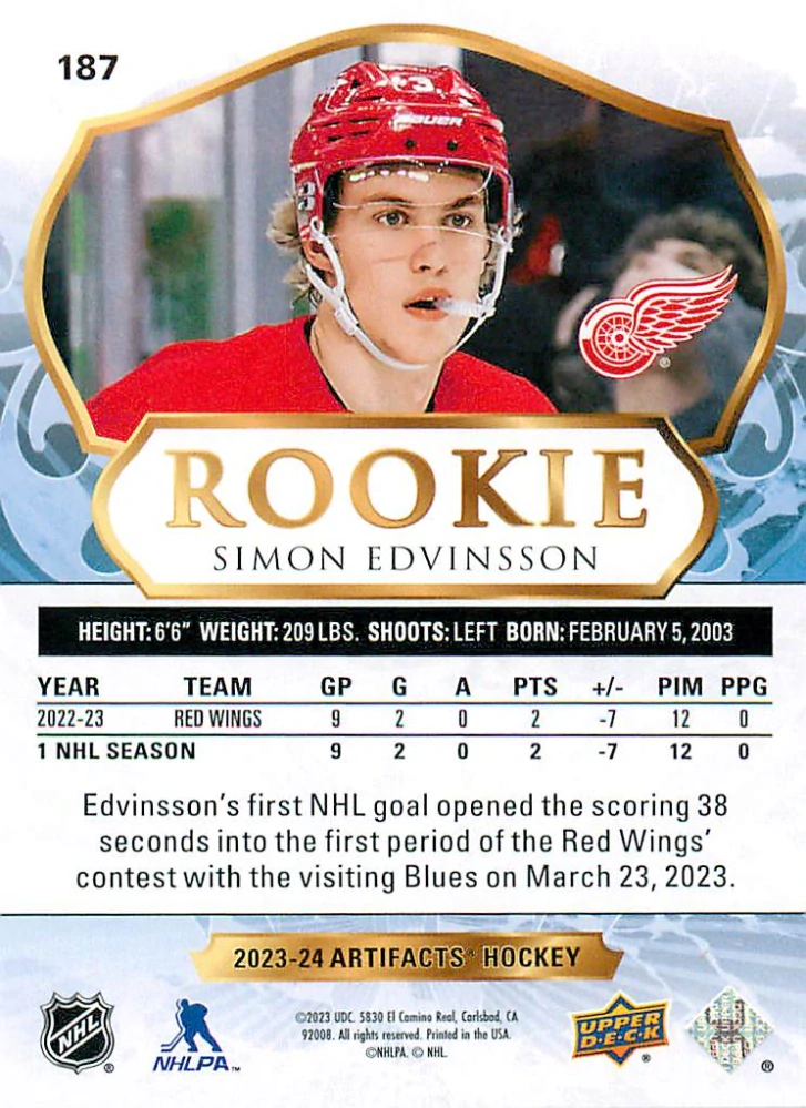 2023-24 UD Artifacts - Simon Edvinsson - Rookie Emerald /99 #187