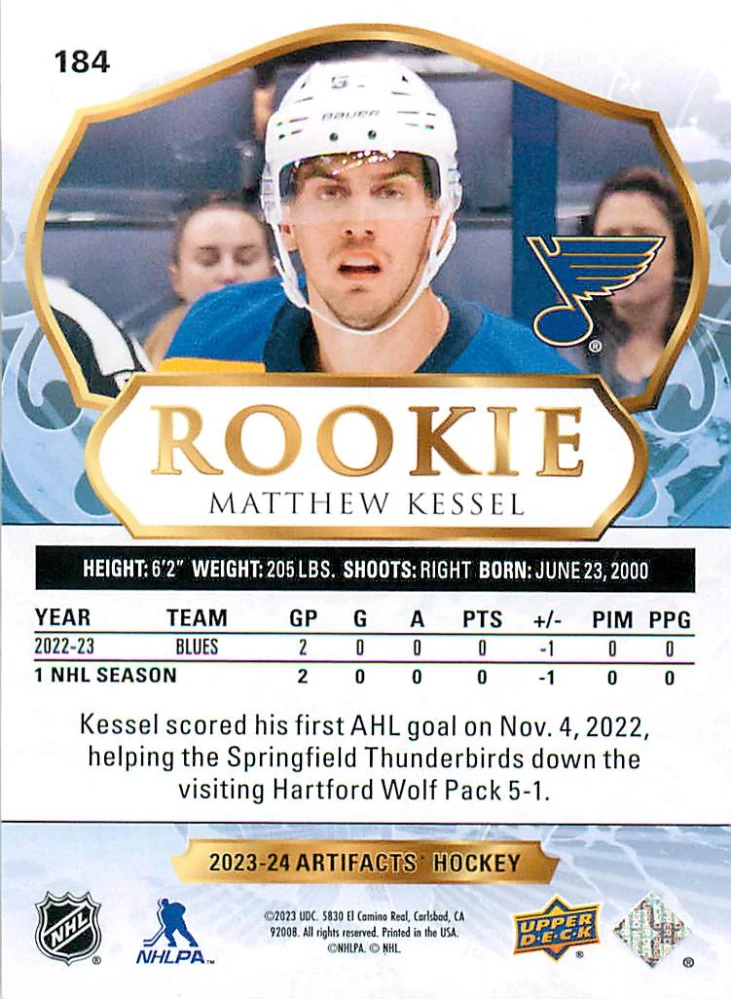 2023-24 UD Artifacts - Matthew Kessel - Rookie Light Blue Steel /85 #184