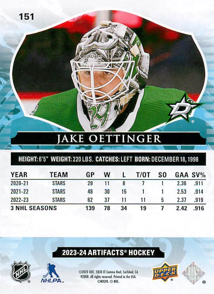 2023-24 UD Artifacts - Jake Oettinger /599 #151