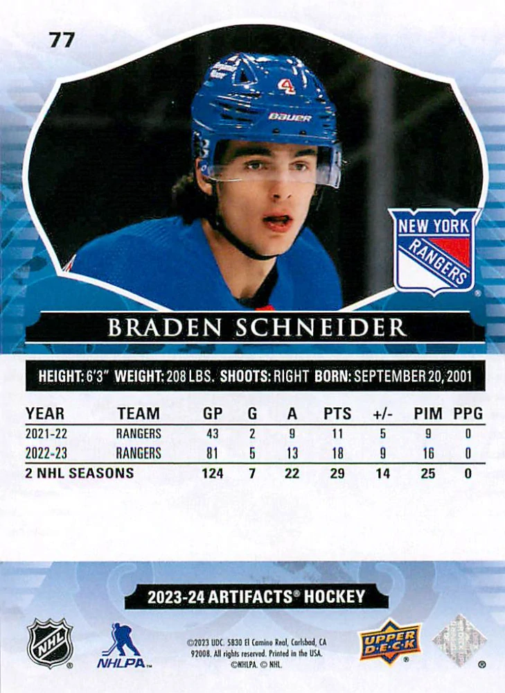 2023-24 UD Artifacts - Braden Schneider - Ruby /499 #77