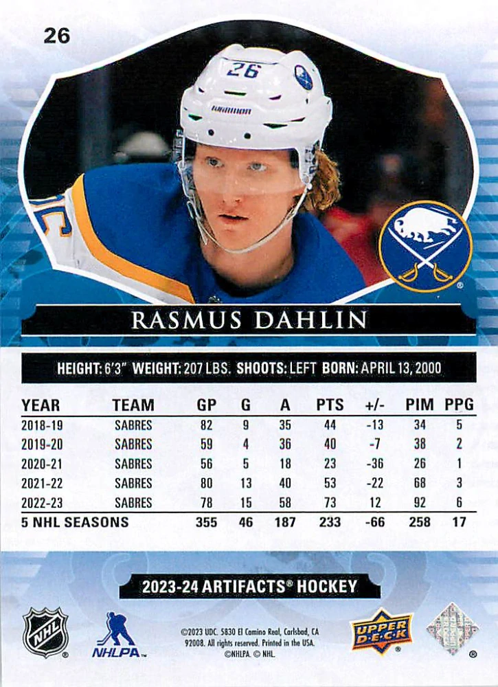 2023-24 UD Artifacts - Rasmus Dahlin - Copper /299 #26