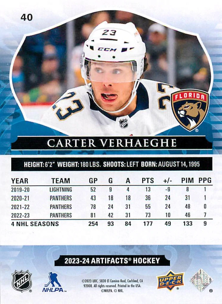 2023-24 UD Artifacts - Carter Verhaeghe - Copper /299 #40