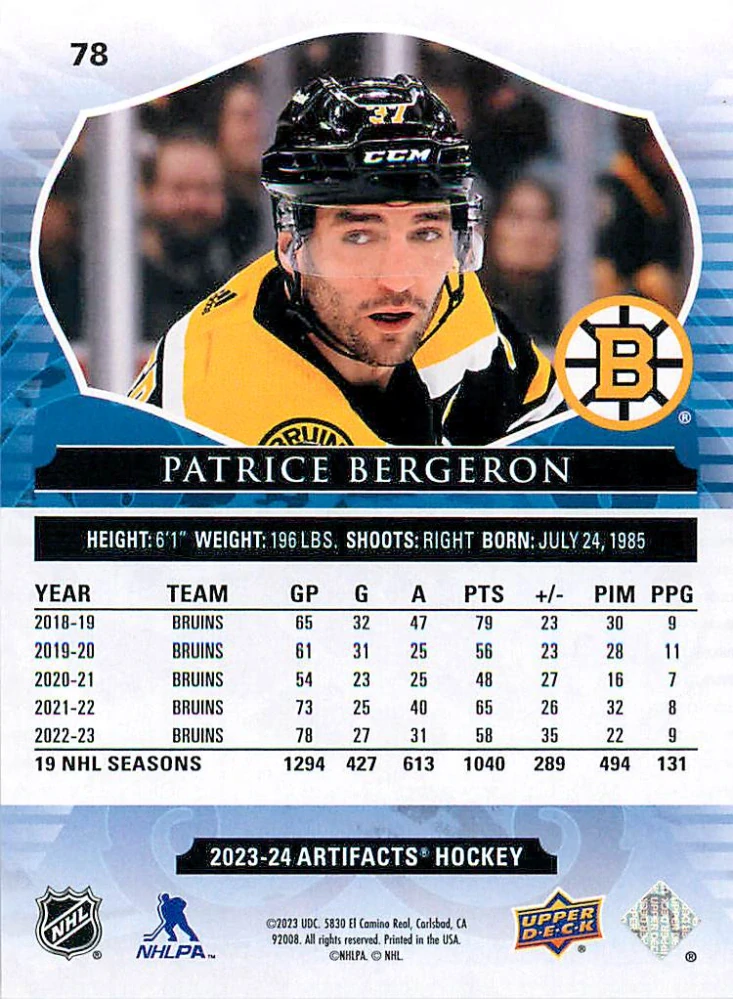 2023-24 UD Artifacts - Patrice Bergeron - Copper /299 #78