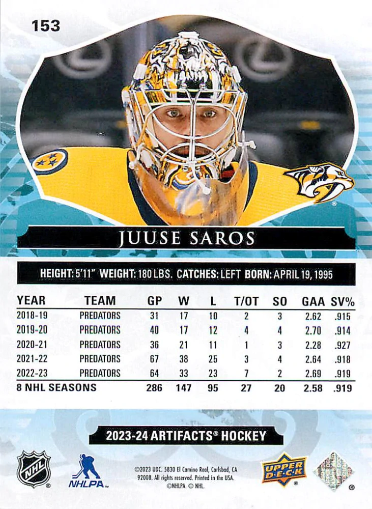 2023-24 UD Artifacts - Juuse Saros - Royal Blue /199 #153