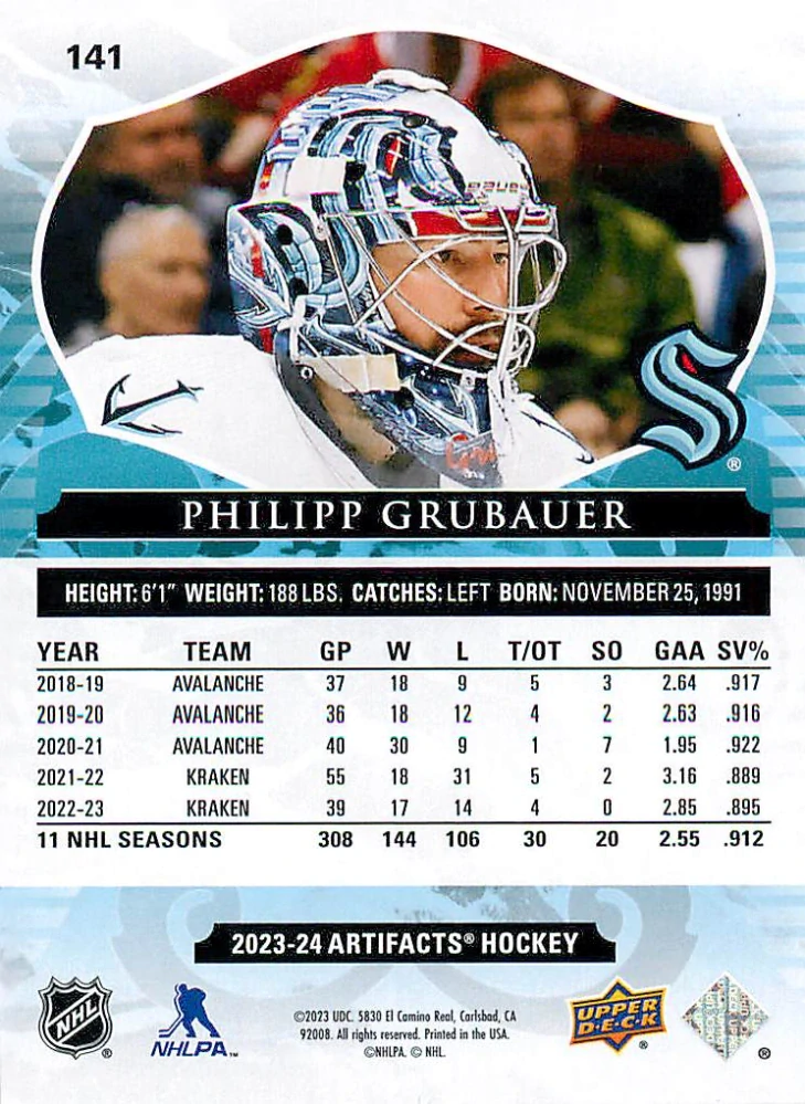 2023-24 UD Artifacts - Philipp Grubauer - Royal Blue /199 #141