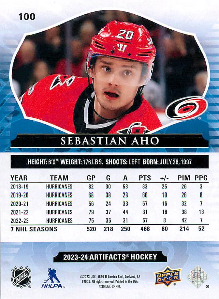 2023-24 UD Artifacts - Sebastian Aho - Royal Blue /199 #100