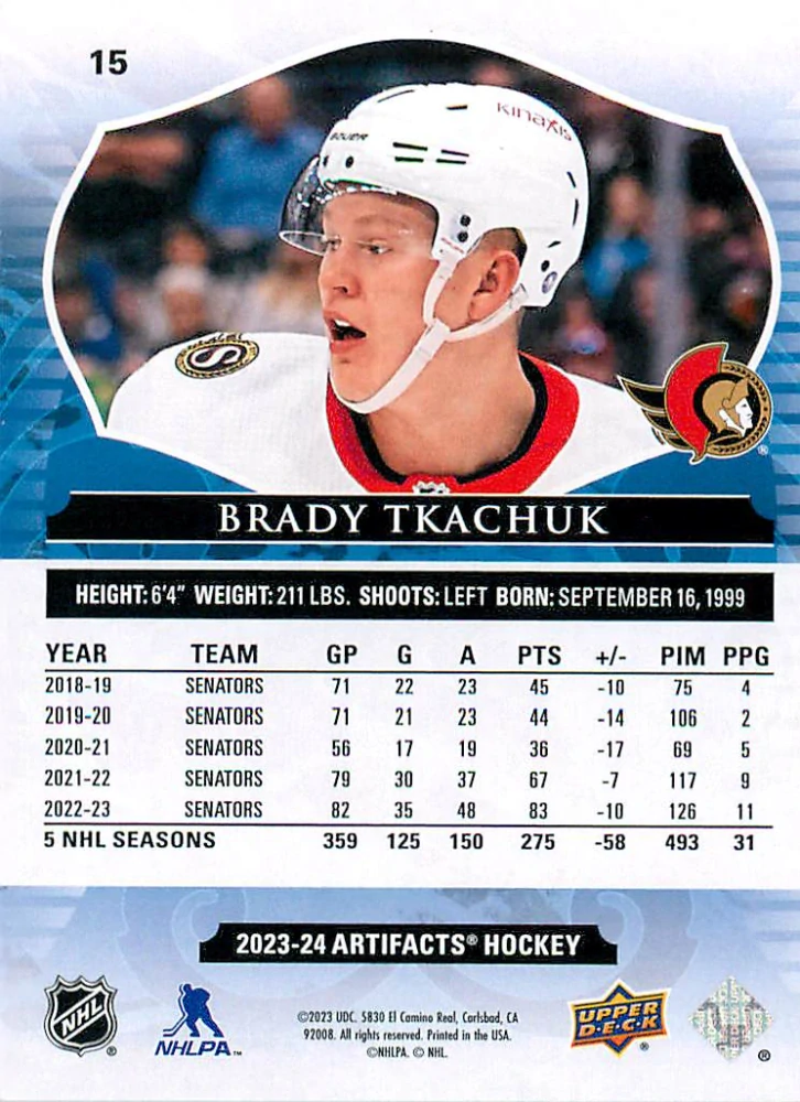 2023-24 UD Artifacts - Brady Tkachuk - Ligh Blue Steel /85 #15