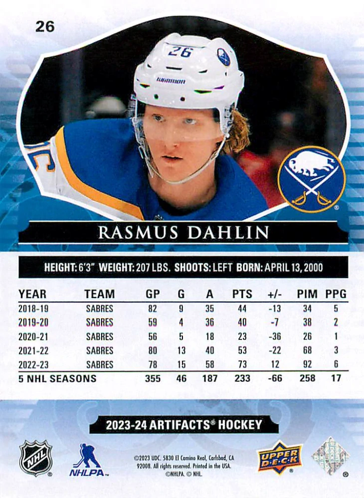 2023-24 UD Artifacts - Rasmus Dahlin - Ligh Blue Steel /85 #26