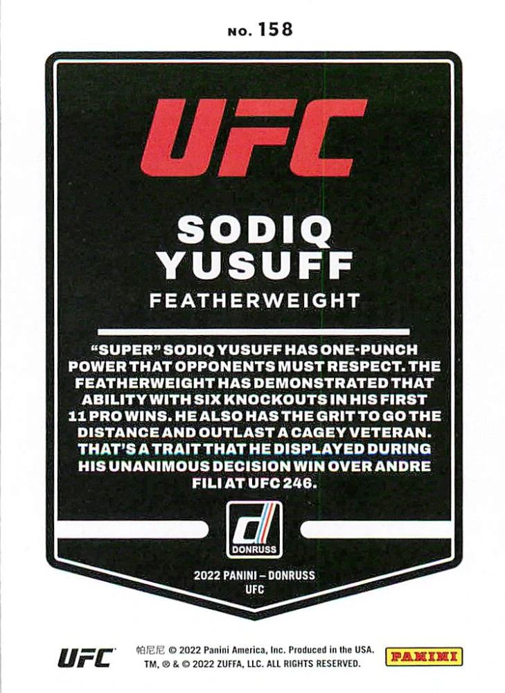 2022 Panini Donruss UFC - Sodiq Yusuff #158