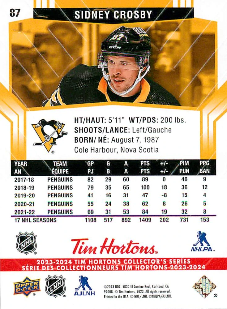 2023-24 UD Tim Hortons Collector's Series - Sidney Crosby #87