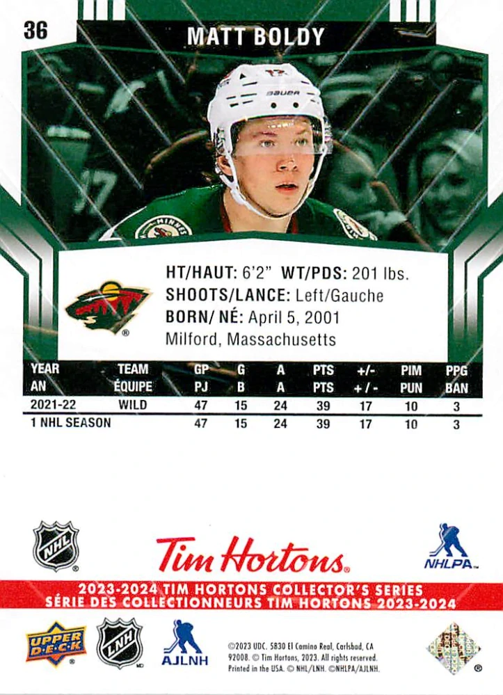 2023-24 UD Tim Hortons Collector's Series - Matt Boldy #36