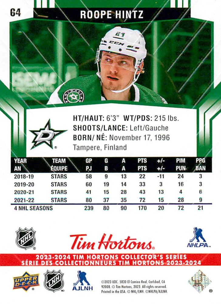 2023-24 UD Tim Hortons Collector's Series - Roope Hintz #64