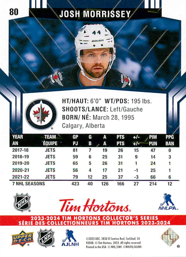 2023-24 UD Tim Hortons Collector's Series - Josh Morrissey #80