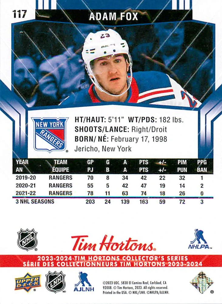 2023-24 UD Tim Hortons Collector's Series - Adam Fox #117