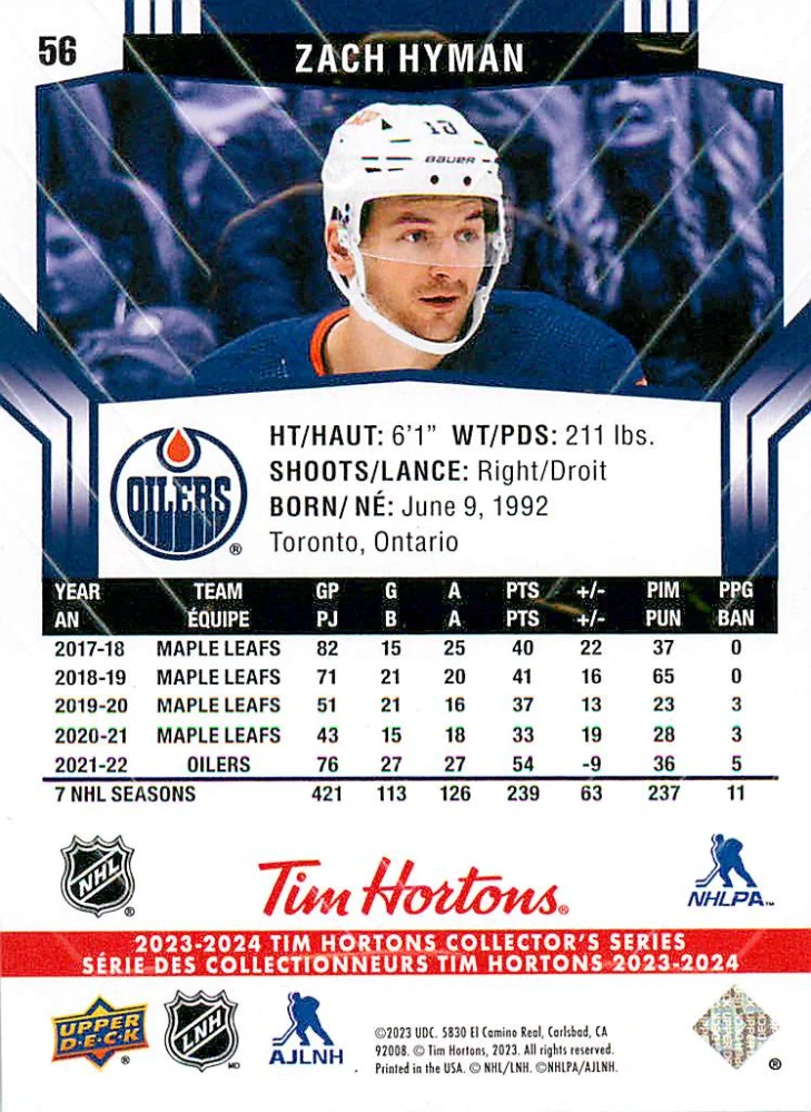 2023-24 UD Tim Hortons Collector's Series - Zach Hyman #56