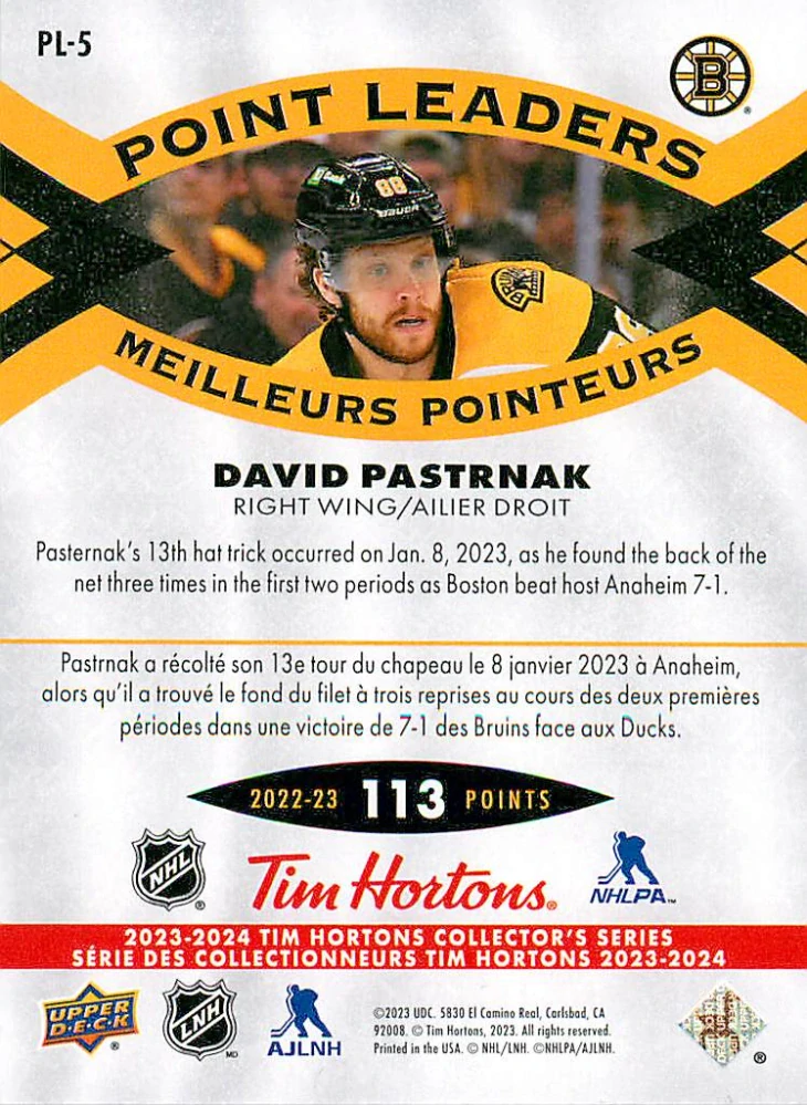 2023-24 UD Tim Hortons Collector's Series - David Pastrňák - Point Leaders #PL-5