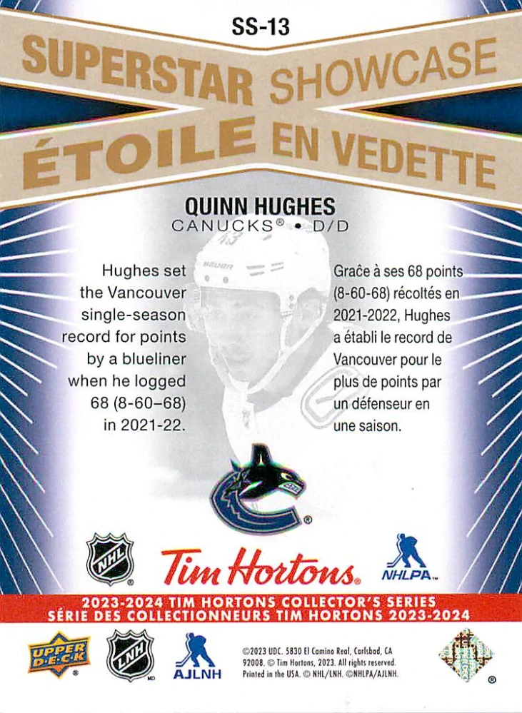2023-24 UD Tim Hortons Collector's Series - Quinn Hughes - Superstar Showcase #SS-13