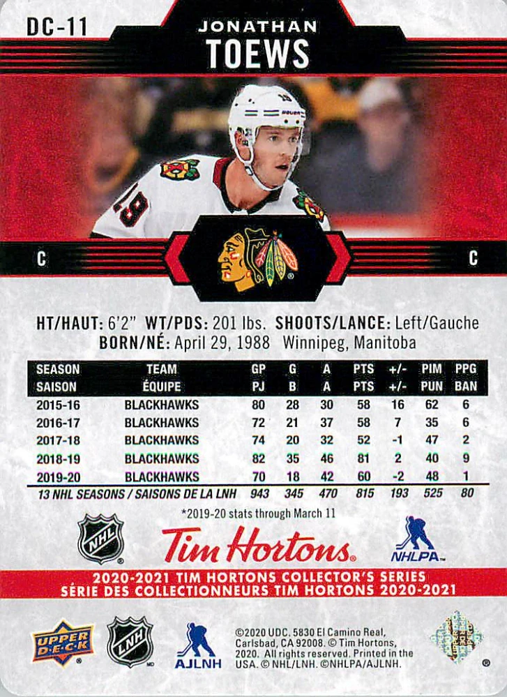 2020-21 UD Tim Hortons Collector's Series - Jonathan Toews - Red Die-Cuts #DC-11