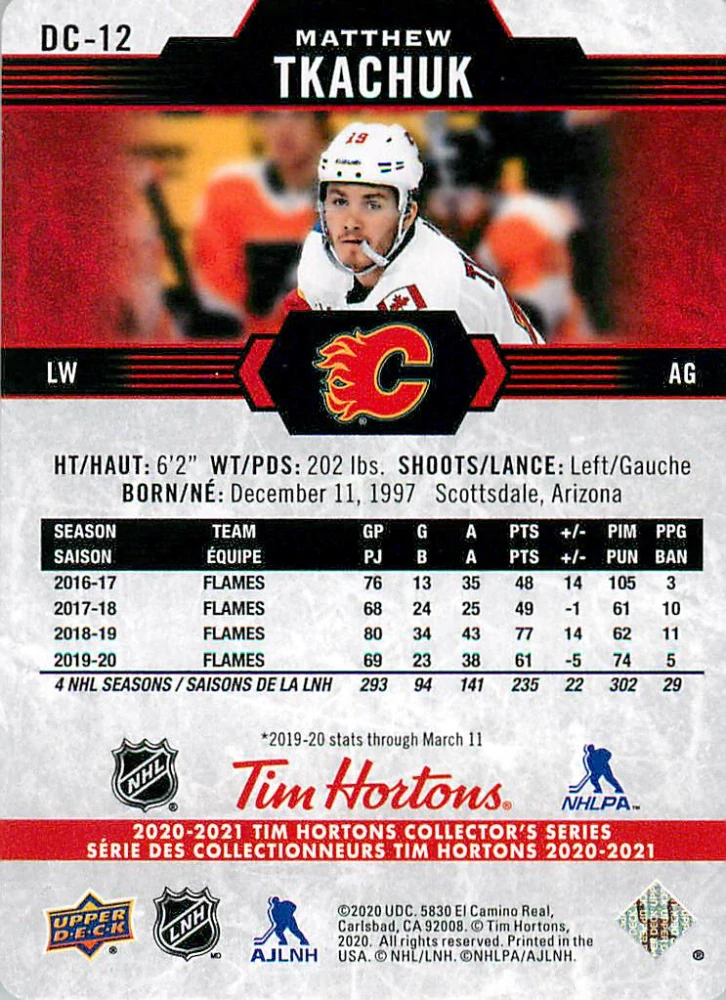 2020-21 UD Tim Hortons Collector's Series - Matthew Tkachuk - Red Die-Cuts #DC-12